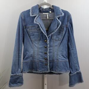 Classiques Entier Denim Blazer Jacket Frayed Trim Stretch Size 6